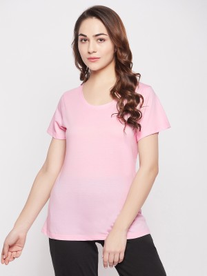 Clovia Solid Women Round Neck Pink T-Shirt