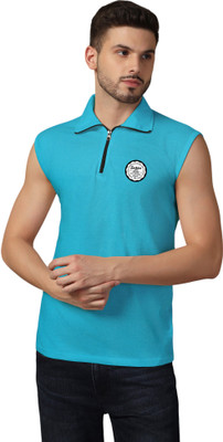 GEUM Self Design Men Polo Neck Grey T-Shirt