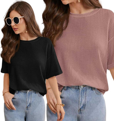 WAY TO TRENDY Solid Women Round Neck Pink T-Shirt