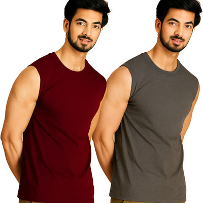 Adorbs Solid Men Round Neck Maroon, Grey T-Shirt
