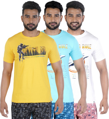 COLORS by Rupa Frontline Graphic Print Men Round Neck Yellow, Light Blue, White T-Shirt