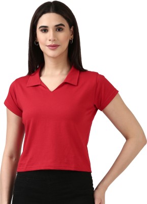 FILMODE Solid Women Polo Neck Red T-Shirt