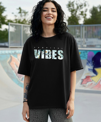 BEWAKOOF Printed Women Round Neck Black T-Shirt