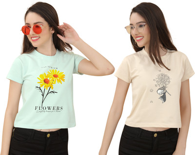 vfesta Typography Women Round Neck Beige, Light Green T-Shirt