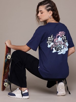 Roadster Printed Women Round Neck Dark Blue T-Shirt