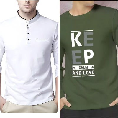 TEE TREE Solid Men Henley Neck White, Dark Green T-Shirt