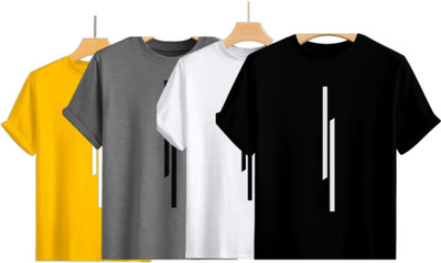 lalita creation Solid Men Round Neck Yellow, Grey, White, Black T-Shirt