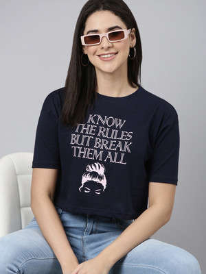 Kryptic Typography Women Round Neck Blue T-Shirt