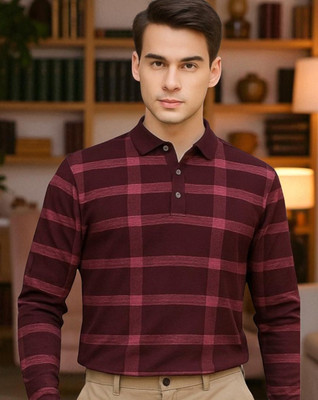 TrendShaper Printed Men Polo Neck Maroon T-Shirt