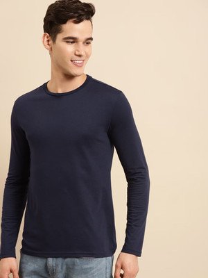RULEDBYSUN Solid Men Round Neck Navy Blue T-Shirt