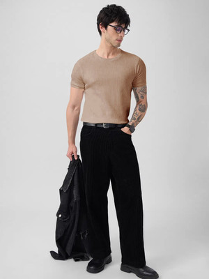 SHUBHAM CREATION Self Design Men Crew Neck Beige T-Shirt