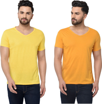 Tresna Trending Solid Men V Neck Yellow T-Shirt