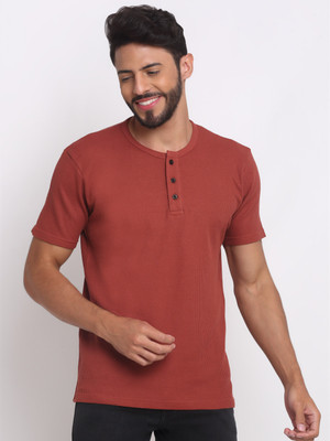 Selfusion Printed Men Henley Neck Maroon T-Shirt