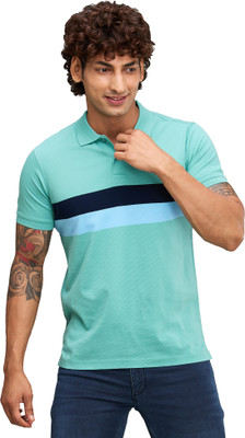 PARK AVENUE Striped Men Polo Neck Green T-Shirt
