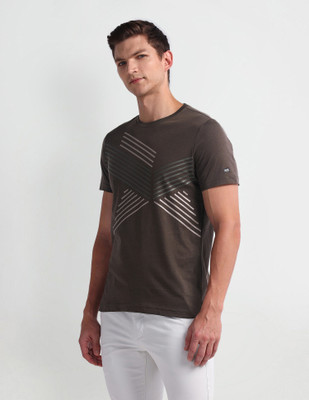 Arrow Sport Printed Men Round Neck Brown T-Shirt