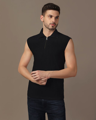 GEUM Solid Men Polo Neck Black T-Shirt
