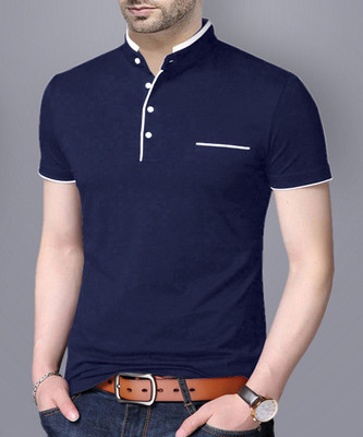 Reya Solid Men Mandarin Collar Blue T-Shirt