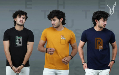 t-hustler Graphic Print Men Round Neck Black, Yellow, Navy Blue T-Shirt