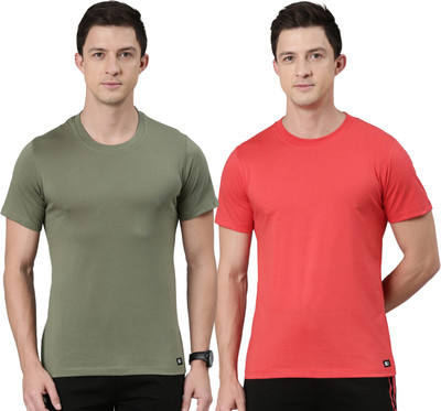 RUPA JON Solid Men Crew Neck Brown, Red T-Shirt