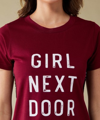 Miss Chase Typography Women Round Neck Maroon T-Shirt
