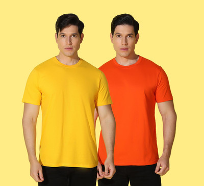 WOOSTRO Solid Men Round Neck Orange, Yellow T-Shirt