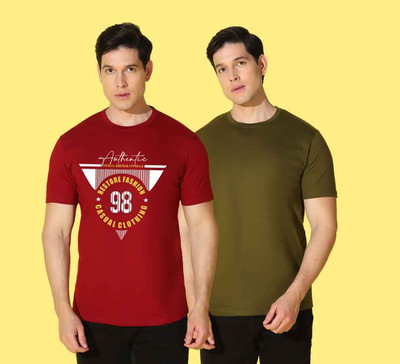 WOOSTRO Graphic Print, Solid Men Round Neck Red, Green T-Shirt