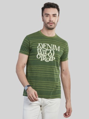 BE POSITIVE Typography, Striped Men Round Neck Green T-Shirt