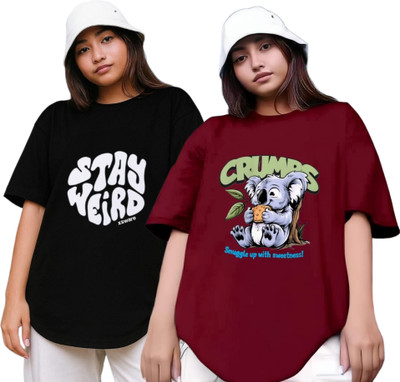 Xsware Printed Women Round Neck Black, Maroon T-Shirt