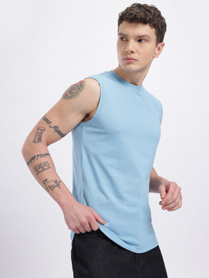 Glitchez Solid Men Round Neck Blue T-Shirt