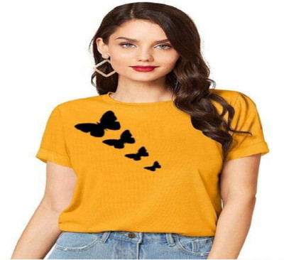 SAHAL Printed Women Round Neck Yellow T-Shirt