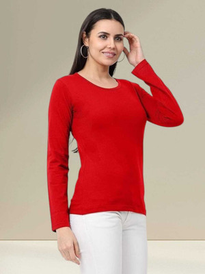 Clori Solid Women Round Neck Red T-Shirt