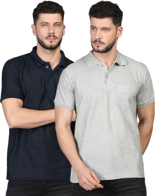 INKKR Solid Men Polo Neck Blue, Grey T-Shirt