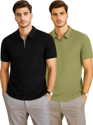 RMLKN Self Design Men Zip Neck Black, Green T-Shirt