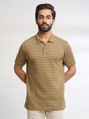 one sky Striped Men Polo Neck Beige, Brown T-Shirt