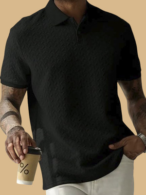 The Modern Soul Self Design Men Polo Neck Black T-Shirt