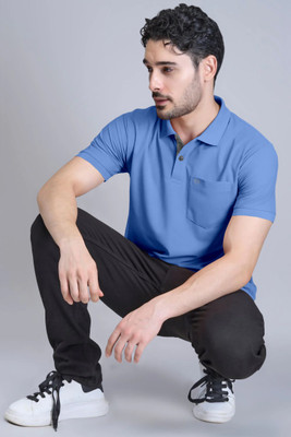Triptee Solid Men Polo Neck Dark Blue T-Shirt