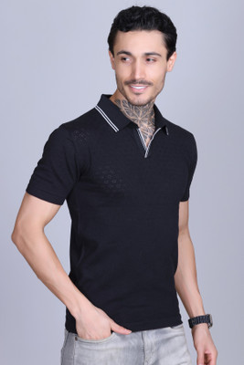 DZANT Striped Men Polo Neck Black T-Shirt