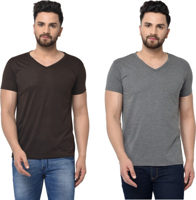 Adorbs Trend Solid Men V Neck Brown, Grey T-Shirt