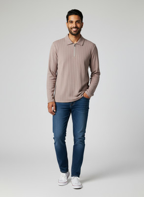 BANSII Self Design Men Zip Neck Grey T-Shirt