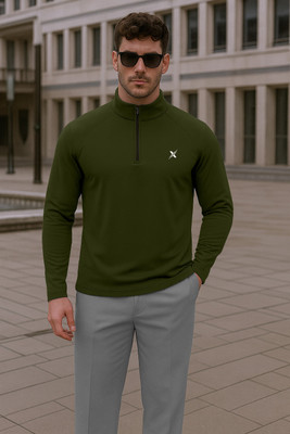 FTX Solid Men Zip Neck Dark Green T-Shirt