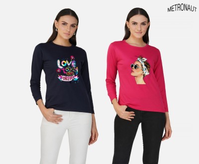 METRONAUT Printed Women Round Neck Pink, Navy Blue T-Shirt