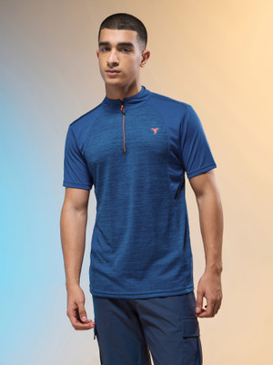 TECHNOSPORT Self Design Men Zip Neck Blue T-Shirt