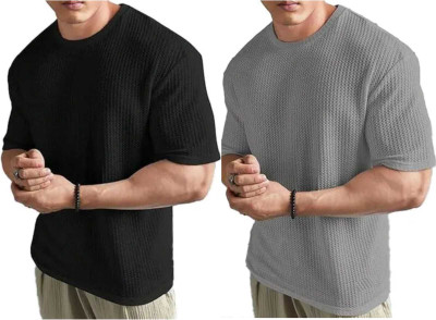 BOOM BAAM Self Design Men Round Neck Black, Grey T-Shirt