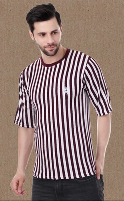 Marc Laurent Striped Men Round Neck Purple, White T-Shirt