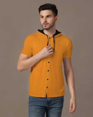 GEUM Solid Men Hooded Neck Gold T-Shirt