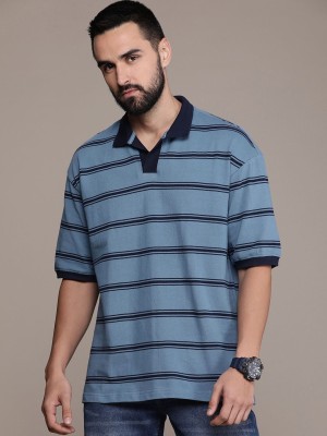 Roadster Striped Men Polo Neck Blue T-Shirt