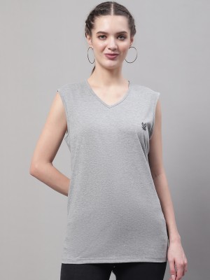 VIMAL JONNEY Solid Women V Neck Grey T-Shirt