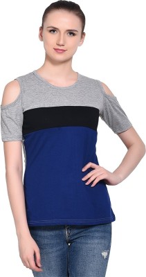 GEUM Striped Women Round Neck Dark Blue, Black, Grey T-Shirt