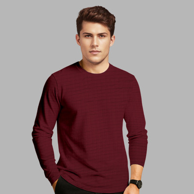 MYEONN Self Design Men Round Neck Maroon T-Shirt
