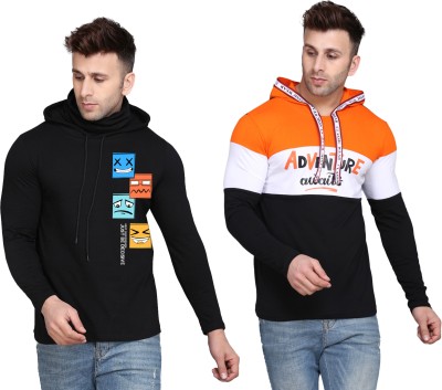 SLOWLORIS Printed Men Hooded Neck Black, Orange T-Shirt